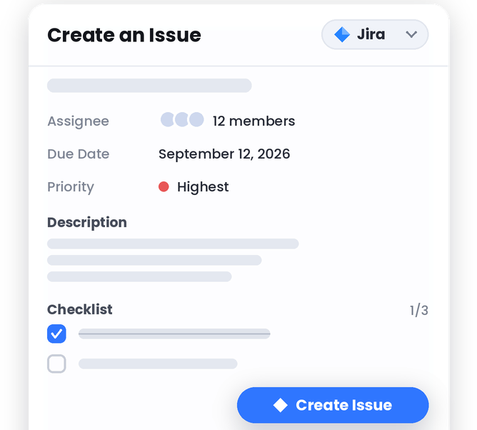 An issue drafted from a recording with title, description and checklist, ready to create in Jira