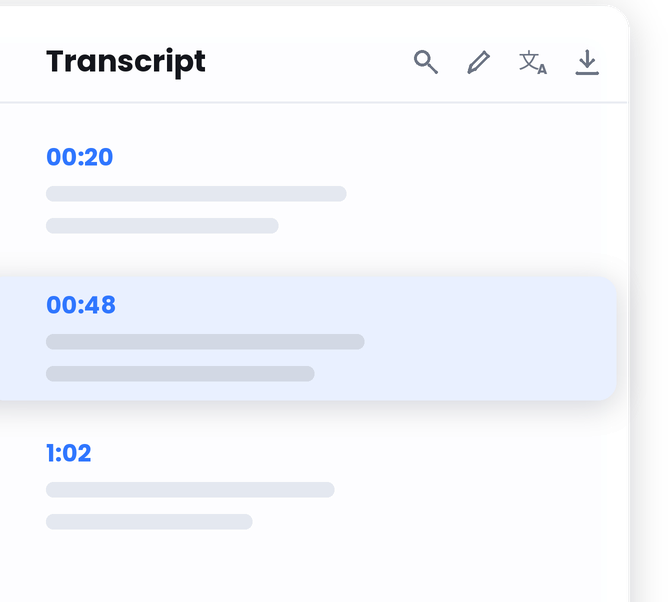 Transcript panel with timestamps, the current line highlighted