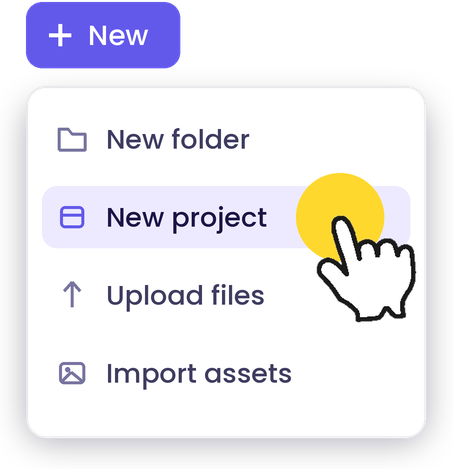 A New menu open in a web app, with a hand cursor clicking New project and the click marked by a yellow highlight