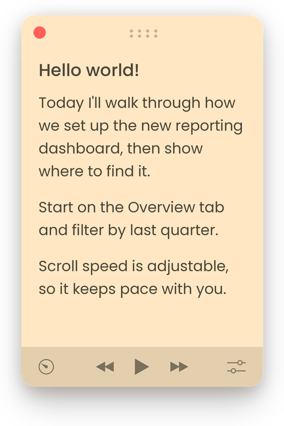 Jumpshare teleprompter window showing speaker notes with playback and scroll-speed controls