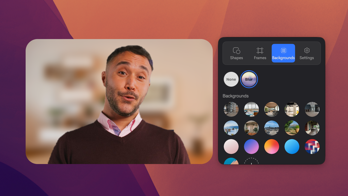 Jumpshare webcam preview with the background blurred, beside the Backgrounds panel offering blur, scenes and colours