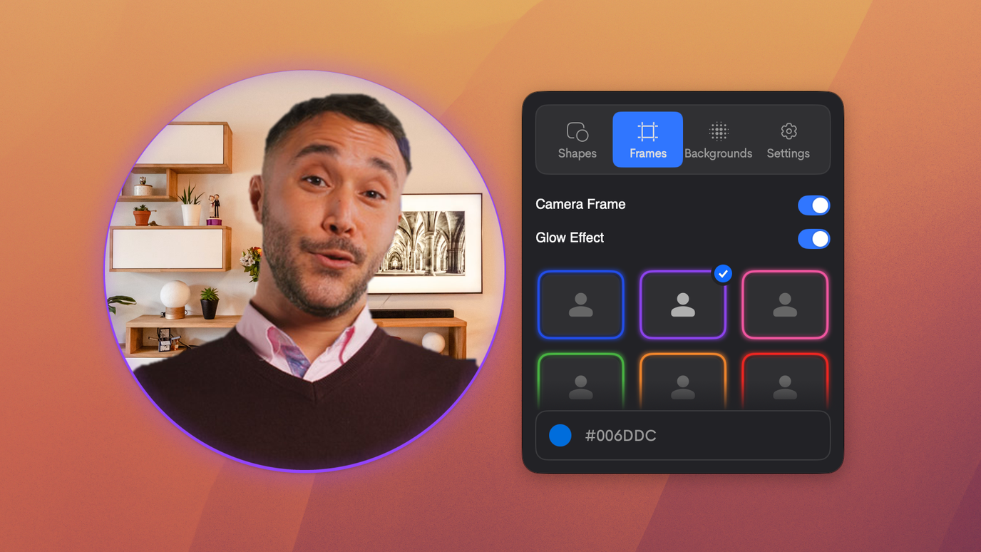 Jumpshare camera frame options with a violet border and glow effect applied to the presenter's webcam