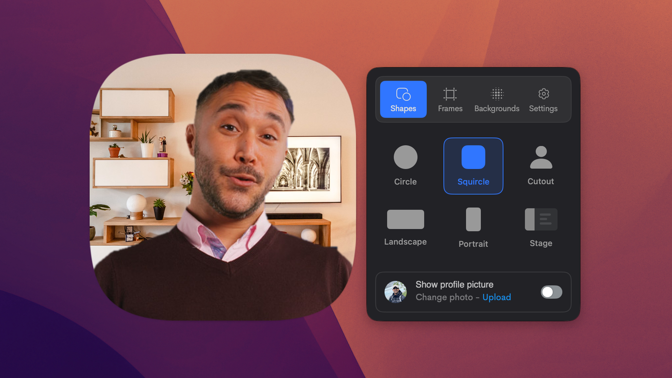 Jumpshare camera shape picker with the presenter shown in the Squircle layout, beside options for Circle, Cutout, Landscape, Portrait and Stage