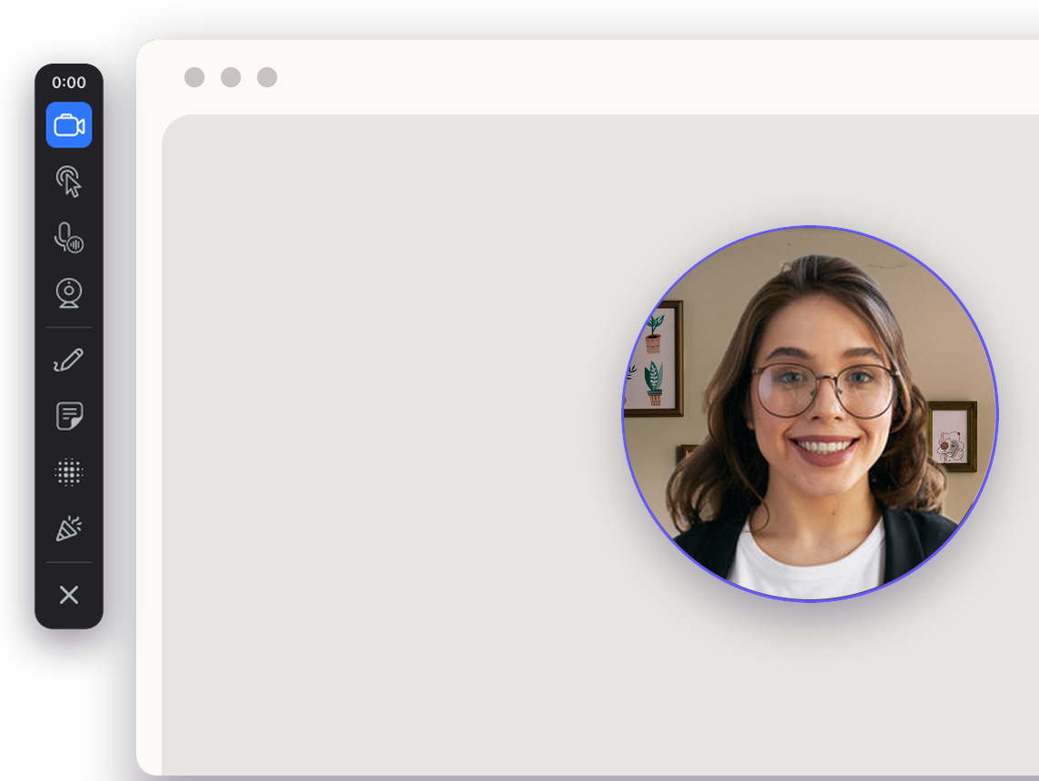 Jumpshare recording a browser window on macOS, with the recorder controls on the left and a circular webcam floating bottom-right