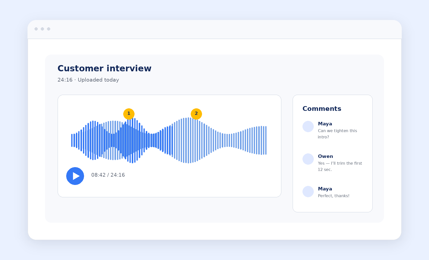Audio collaboration workspace with comments and waveform markers