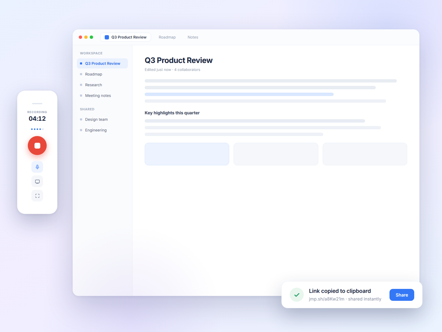 Jumpshare audio recording and sharing workspace preview