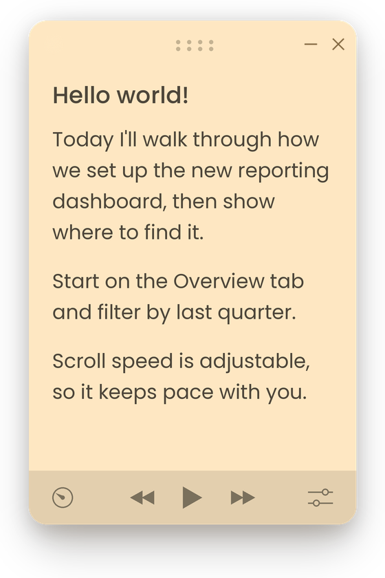 Jumpshare teleprompter window showing speaker notes with playback and scroll-speed controls