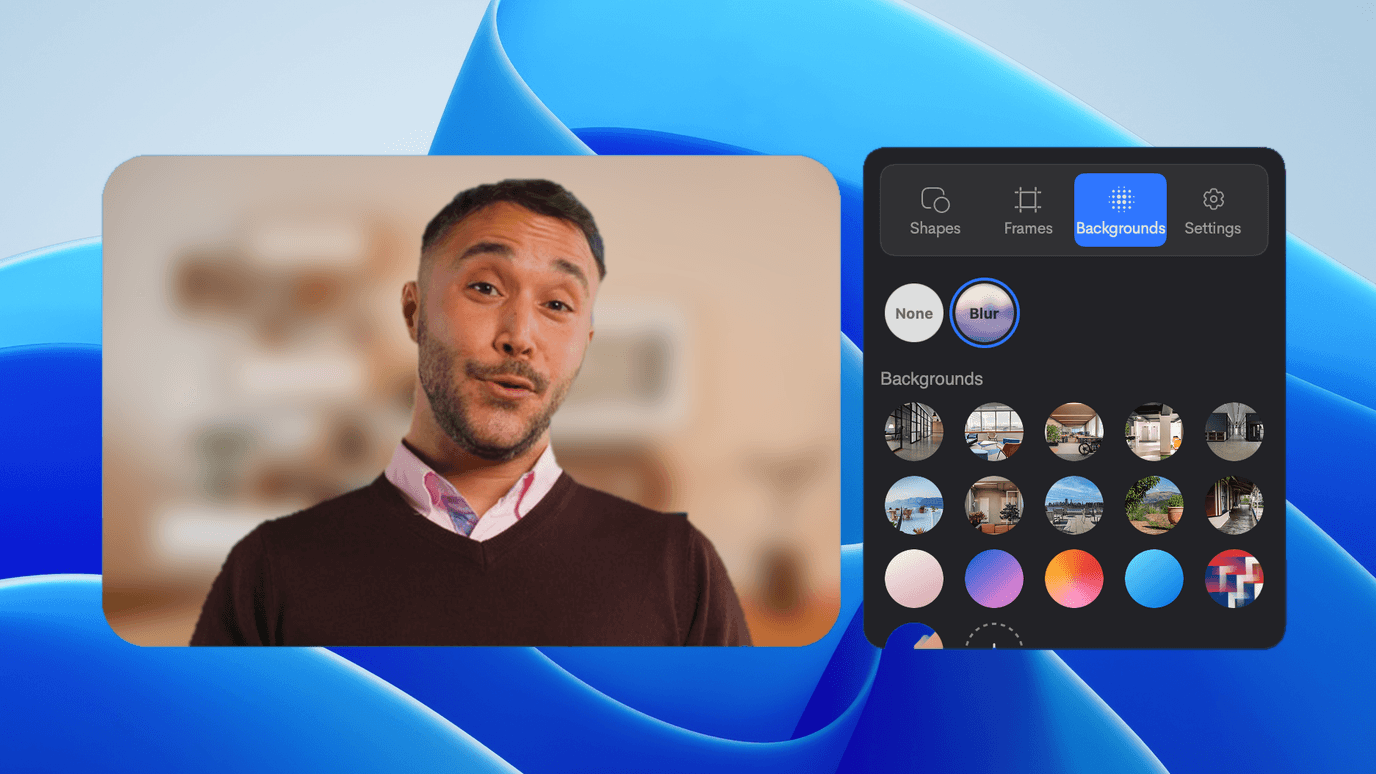 Jumpshare webcam preview with the background blurred, beside the Backgrounds panel offering blur, scenes and colours