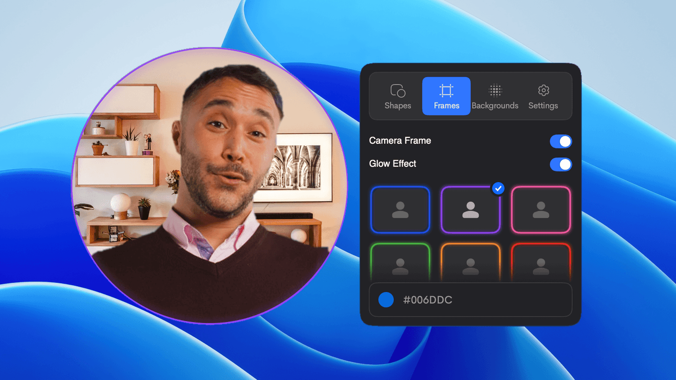 Jumpshare camera frame options with a violet border and glow effect applied to the presenter's webcam