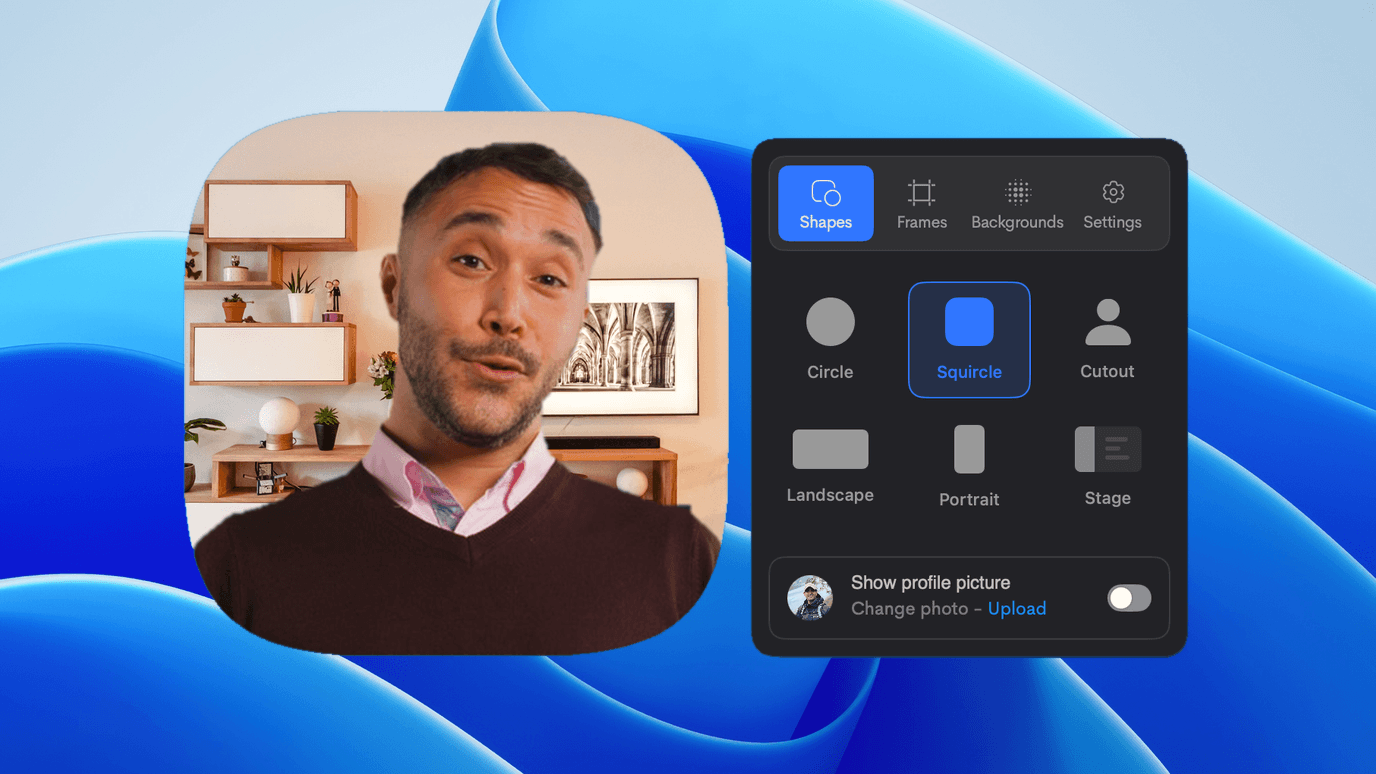 Jumpshare camera shape picker with the presenter shown in the Squircle layout, beside options for Circle, Cutout, Landscape, Portrait and Stage
