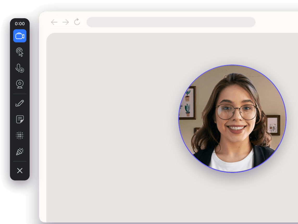 Jumpshare recording a browser window on Windows, with the recorder controls on the left and a circular webcam floating bottom-right